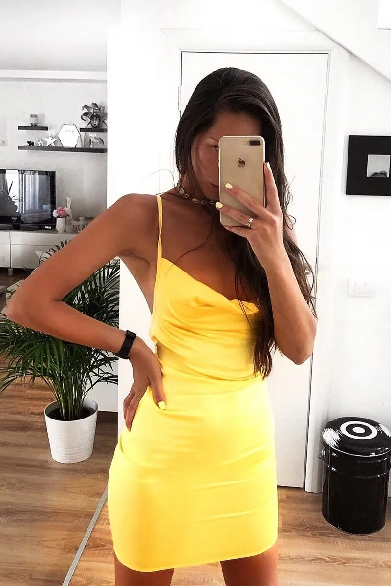 Yellow Satin Lace Up Bodycon Mini Dress - Sira